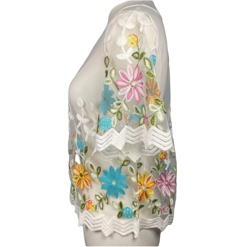 Embroidered Floral Top Size XL Sheer Tulle Background 
Boho Beach Party Garden - Picture 4 of 11